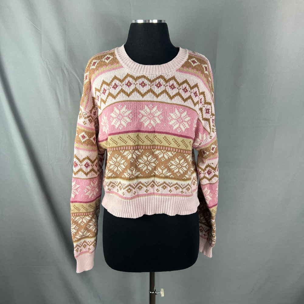 Forever 21 Fair Isle Cropped Sweater Womens Large Multi Snowflake Knit Ribbed